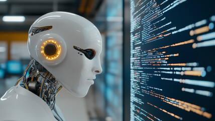 Poster - Engineer programming an advanced AI system in a modern tech lab environment