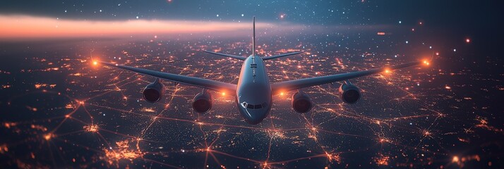 Wall Mural - an airplane glides over a sprawling, brightly lit cityscape, with glowing lines representing connect