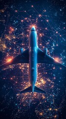Wall Mural - a large jet cruises over a digitally connected city, with twinkling lights and the earth below. the 