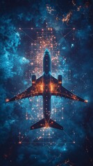 Wall Mural - a plane is captured flying through a blend of celestial and digital networks, combining the heavens 