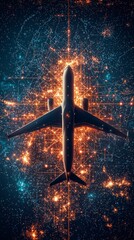 Wall Mural - an airplane is illustrated soaring through an intricate network of glowing, cosmic and digital eleme
