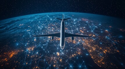Wall Mural - an airplane flies over the earth against a backdrop of a digital sky network, embodying the themes o