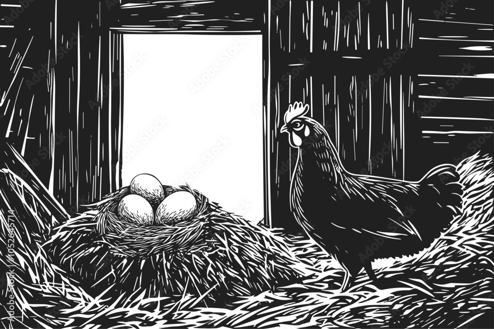 Barn interior with chicken background. Nest with three eggs haystack ...