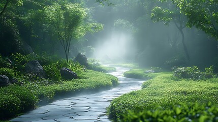 Wall Mural - A misty morning path winds through a lush green forest, illuminated by a shaft of sunlight.