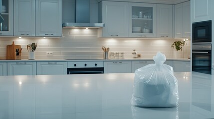 A gray garbage can stands on the kitchen floor with a plastic bag beside it, illuminated by morning sunlight streaming in