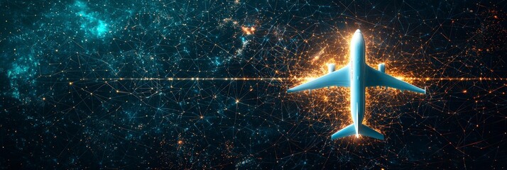 Wall Mural - an airplane viewed from above is set amidst a vibrant network of data, symbolizing global communicat