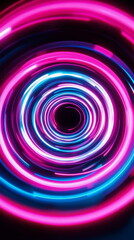 Wall Mural - Concentric circles of neon pink and blue light pulsating against a dark backdrop, conveying energy and movement. Vertical template color gradient, rough retro vibe shine bright light