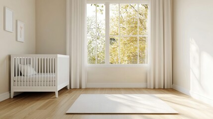 Modern nursery with white crib and indoor plants creating a serene atmosphere in daylight