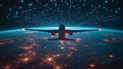 Wall Mural - an airplane soars above a city illuminated by lights, with a digital network overlay symbolizing glo