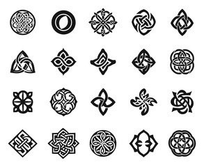 Poster - celtic black icon symbol set. irish ethnic endless knot shape ornament. spirit unity pagan circle tr
