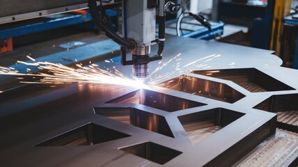 Aufkleber - Industrial laser cutter making holes in metal sheet in factory