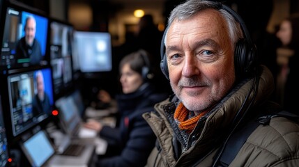 Poster - Senior Man Wearing Headphones in Front of Computer Monitors
