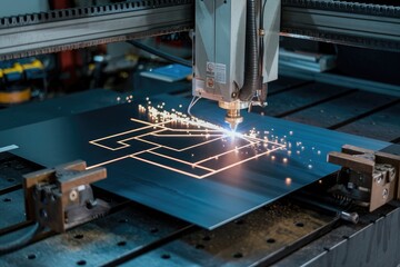 Aufkleber - Laser cutting machine engraving complex shapes on metal sheet in factory