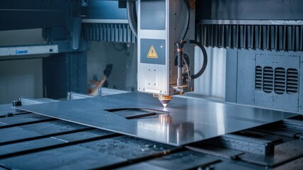 Leinwandbilder - laser cutting machine engraving metal sheet in modern factory