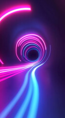 Poster - Laser tunnel with moving neon lines. Flowing stripes of blue and pink light curving through space. Futuristic speed trail effect. Vertical template color gradient, rough retro vibe shine bright light