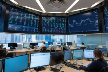 Poster - Stockbrokers working in a modern trading room with big screens showing data