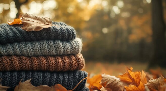 Autumn cover, frame with fall landscape on warm sweater background. Luxury premium menu background template, fall sale, template, formal invitation, luxury voucher with space for text. Quiet Luxury.