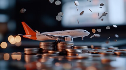 Poster - Model airplane sits on a stack of coins with scattered coins around in a conceptual representation of the aviation industry and finance