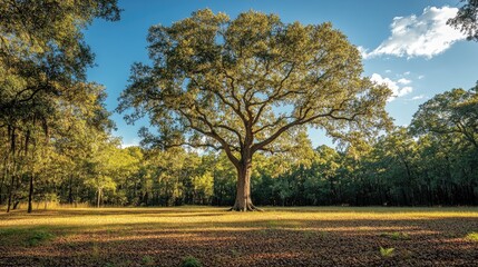 Wall Mural - Majestic oak tree dominating a serene autumn landscape