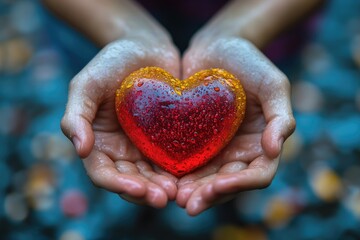 Wall Mural - Wet hands holding red and orange heart covered in droplets