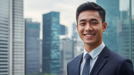 Young smiling singaporean man in business suit against background of singapore skyscrapers, copyspace, place for text, asian guy, boy, businessman, office worker in city center, modern architecture