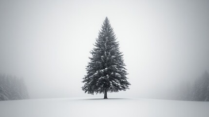 A single evergreen tree stands tall against a backdrop of fog and snow, creating a serene and minimalist winter scene.