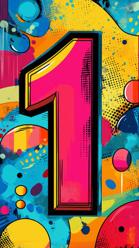 Pop art Alphabet number 1. Colorful background in pop art retro comic style. Vertical background.