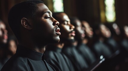 A group of men in a choir sing in a church.