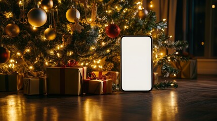 Poster - A smartphone is placed next to a festive Christmas tree adorned with lights and ornaments.