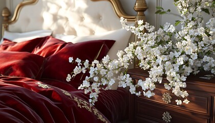 Cozy bedroom with red velvet bedding and delicate white floral arrangements on the nightstand