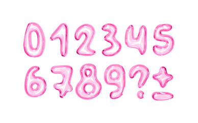 Fototapete - Set of shiny pink bubble style numbers and symbols on white background. Playful glossy digits ranging from 0 to 9, additional punctuation marks. Realistic 3d design. Vector illustration