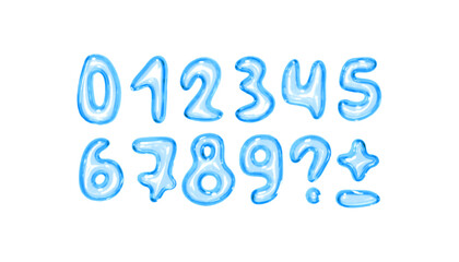 Poster - Set of shiny blue bubble style numbers and symbols on white background. Playful glossy digits ranging from 0 to 9, additional punctuation marks. Realistic 3d design. Vector illustration