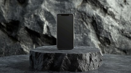 Aufkleber - A black smartphone is positioned on a circular, flat, gray rock platform. It stands vertically against a background of gray, jagged rocks that appear to form a craggy cliff face.