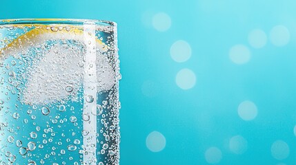 Wall Mural -   A high-resolution close-up of a glass filled with water and a lemon slice in the center, surrounded by sparkling air bubbles