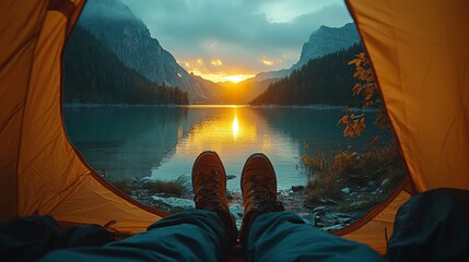 Poster - A person relaxes in a tent, watching the sunset over a calm lake surrounded by mountains, creating a sense of tranquility and connection with nature.