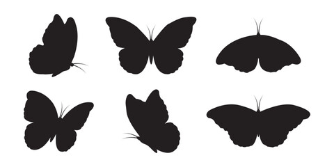Black butterfly silhouettes. romantic tattoo, tropical insects stencil. Elegant wild flying moth of various shape.Summer and spring exotic symbols isolated vector set. 
