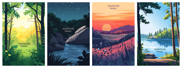 Fototapete - Landscape posters set. Morning sunrise. Evening sunset. Lake in the forest. Midnight scene with rocks. Beauty of nature adventure. Nature travelling concept template backgrounds. Cartoon style vector