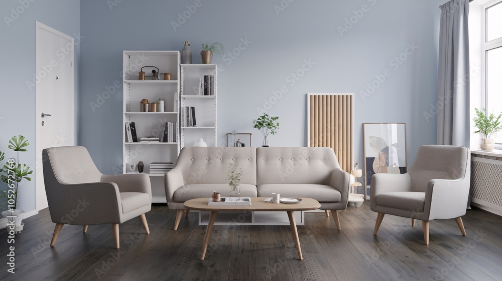 Modern living room interior design with white walls, wooden floor ...