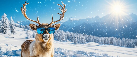 Wall Mural - cool reindeer wearing sunglasses in snowy mountain landscape.