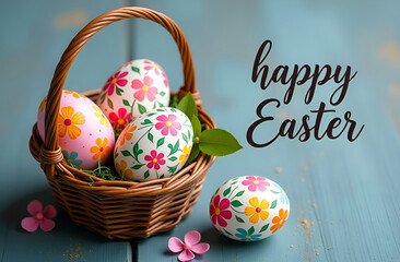 Wall Mural - Happy Easter banner with beautiful eggs in a  basket on a grey background 