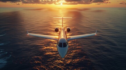 Wall Mural - Private Jet Flying Over the Ocean at Sunset