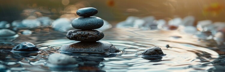 Wall Mural - Stacked Stones in Tranquil Water at Sunset