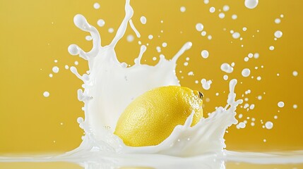 Wall Mural -   A splash of milk with a lemon on a yellow background