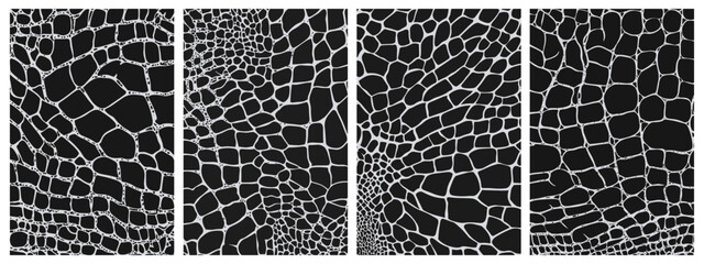 Reptile black skin print vertical backgrounds set. Snake crocodile dragon lizard leather pattern. Fabric swatch textured material print. Black and white animal backgrounds Simple flat style vector