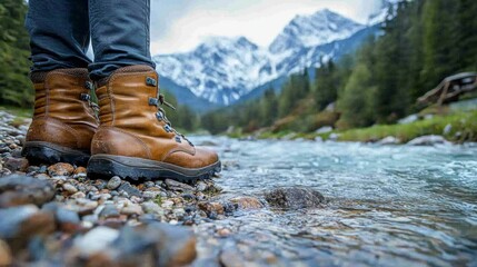 Aufkleber - A person stands at the edge of a clear river, wearing brown hiking boots. Majestic mountains and lush trees surround the tranquil landscape, creating a serene atmosphere.