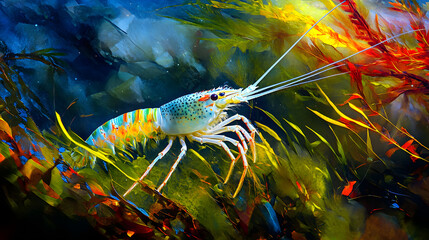 An Abstract Artistic Interpretation of a Rare White Lobster in a Dynamic Underwater Scene