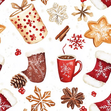 Watercolor seamless winter pattern with cozy woolen socks, mugs of hot cocoa, Christmas cookies, and snowflakes, in warm red, brown, and cream.