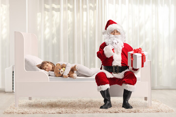 Poster - Girl sleeping in her bed and Santa claus delivering a gift