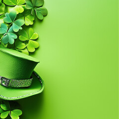 Green leprechaun hat with glittery band and scattered shamrock leaves on a vibrant green background, symbolizing St. Patrick's Day and Irish culture