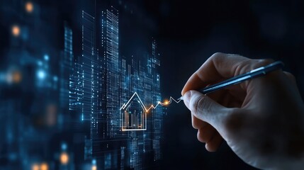 Poster - A businessman is actively drawing a glowing growth arrow on a virtual screen with a tablet, emphasizing financial success and planning
